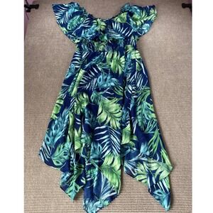 Rabbit Rabbit Designs Tropical Palm Leaf Off Shoulder Handkerchief Dress XL Blue